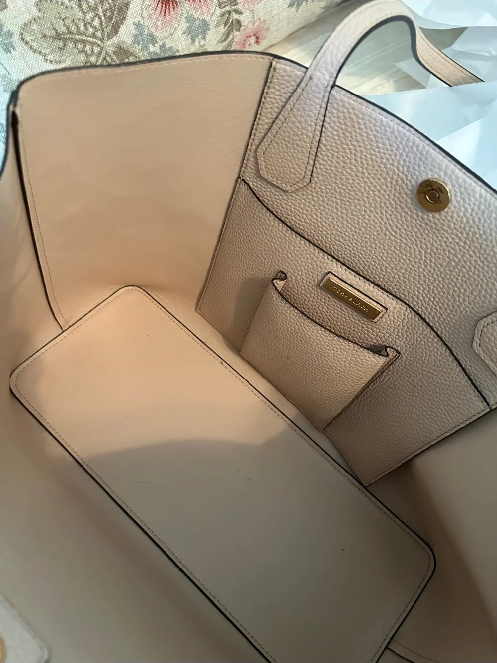Tory Burch Perry Colorblock Pebbled Leather Tote Blush Pink And Gold EUC
